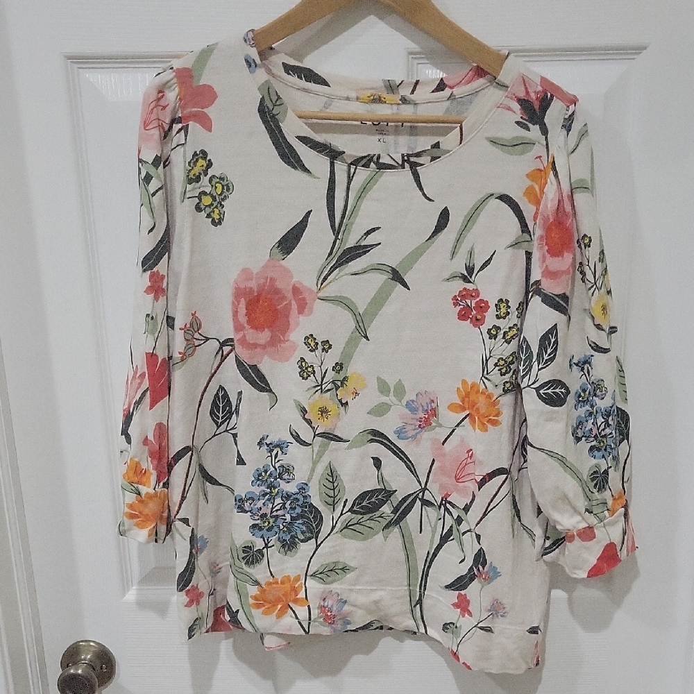 LOFT Pink and Orange Floral Sweater with 3/4 Sleeves